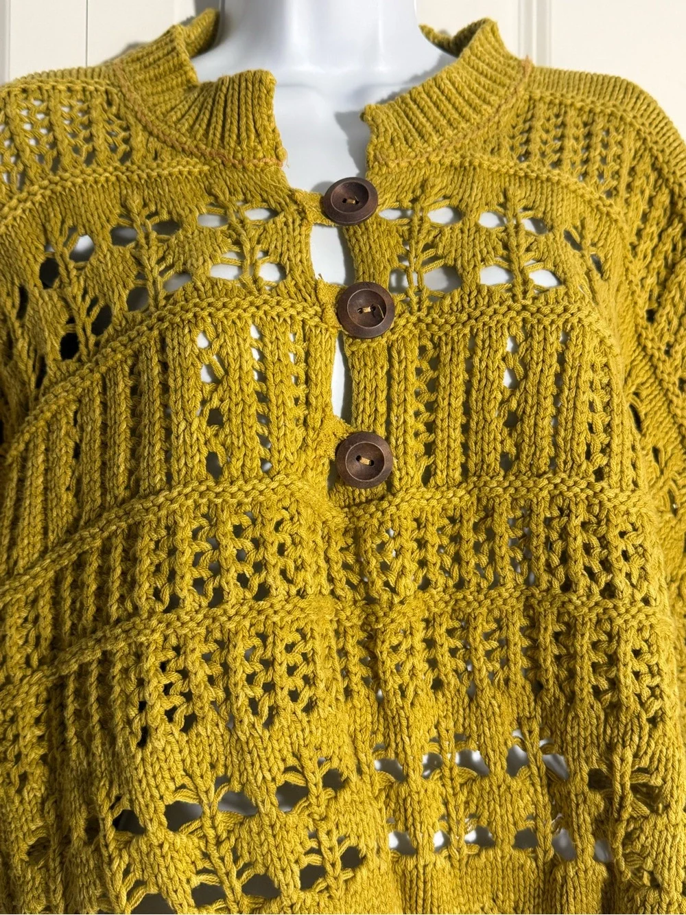 Free People Mustard Open-Knit Button-Front Sweater